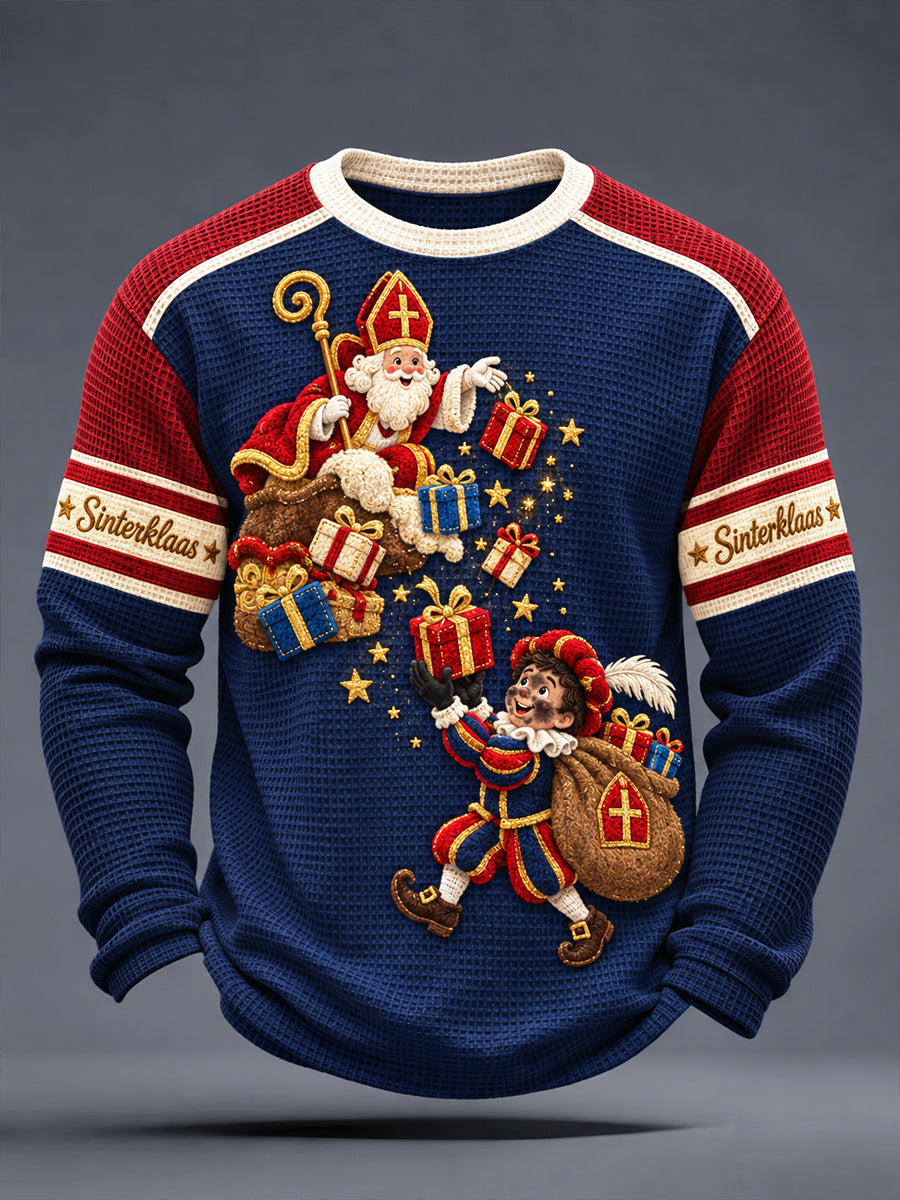 Donkerblauw Nederlands sinterklaasdagprint casual T-shirt met lange mouwen voor heren