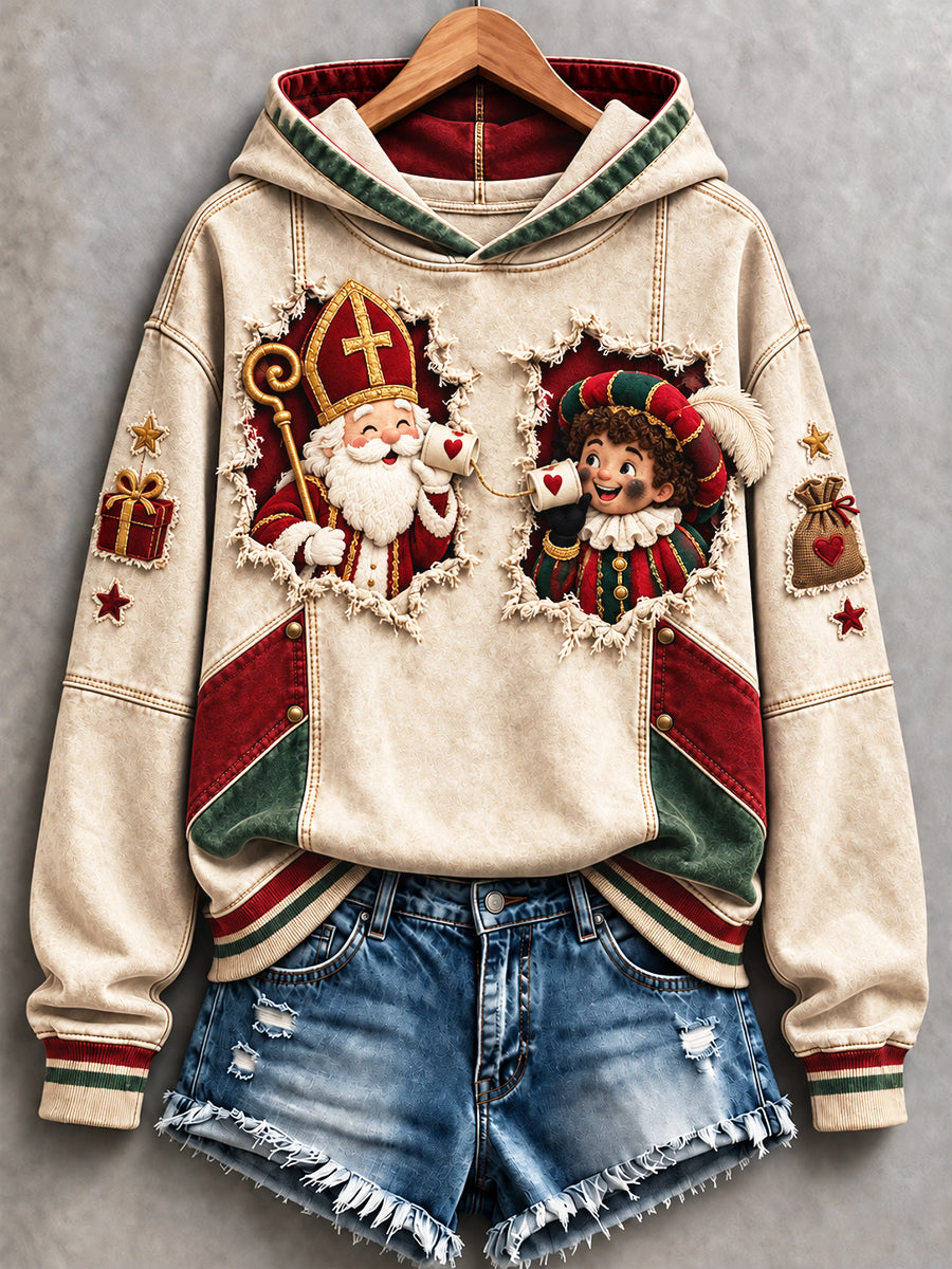 Dames vintage Nederlandse St. Nicholas Day patchwork print casual sweatshirt met capuchon