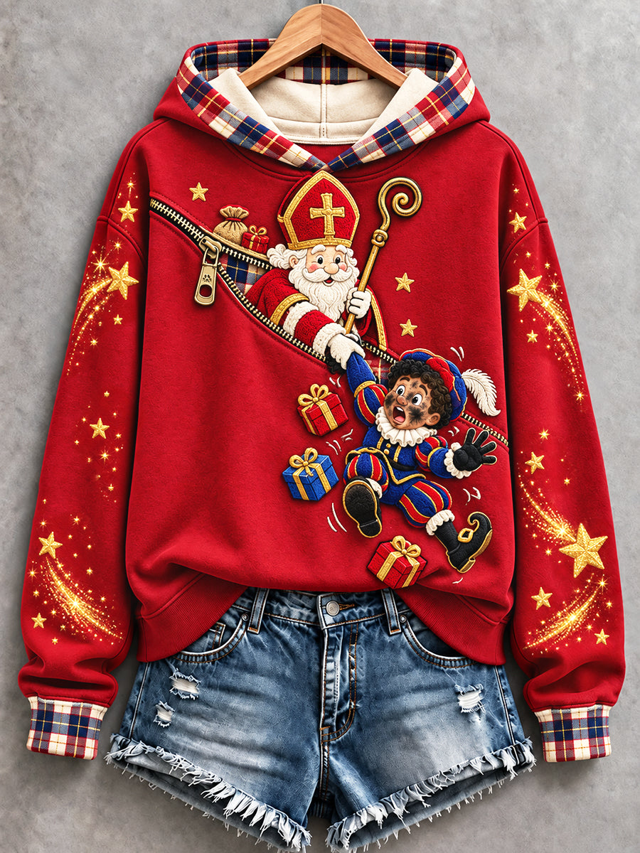 Dames Rood Nederlands St. Nicholas Day Gecontroleerd Patchwork Print Casual Sweatshirt met capuchon