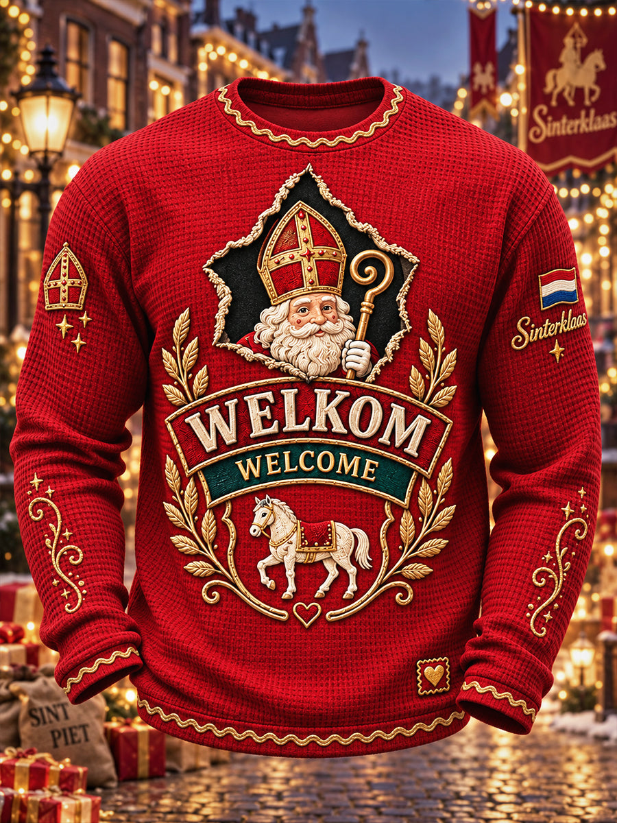 Heren Rood Nederlands Sinterklaasdag Fun Print T-shirt met lange mouwen