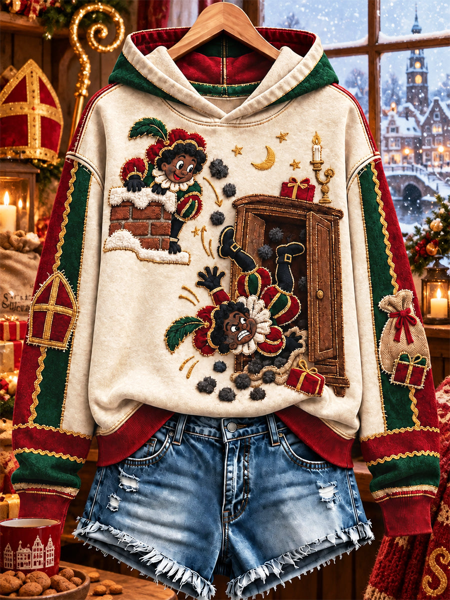 Dames Nederlandse Sinterklaasdag patchwork print casual sweatshirt met capuchon