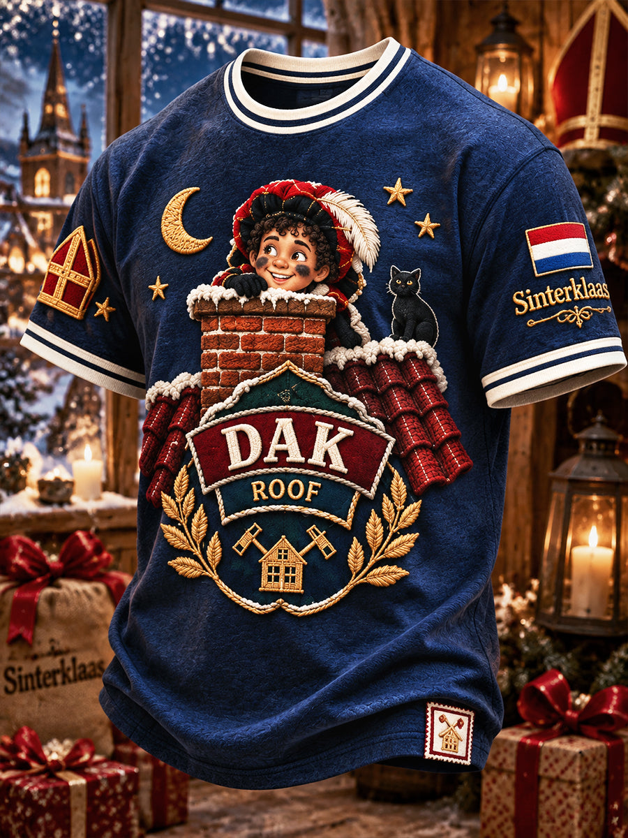 Donkerblauw Nederlandse sinterklaasdag print casual T-shirt voor heren
