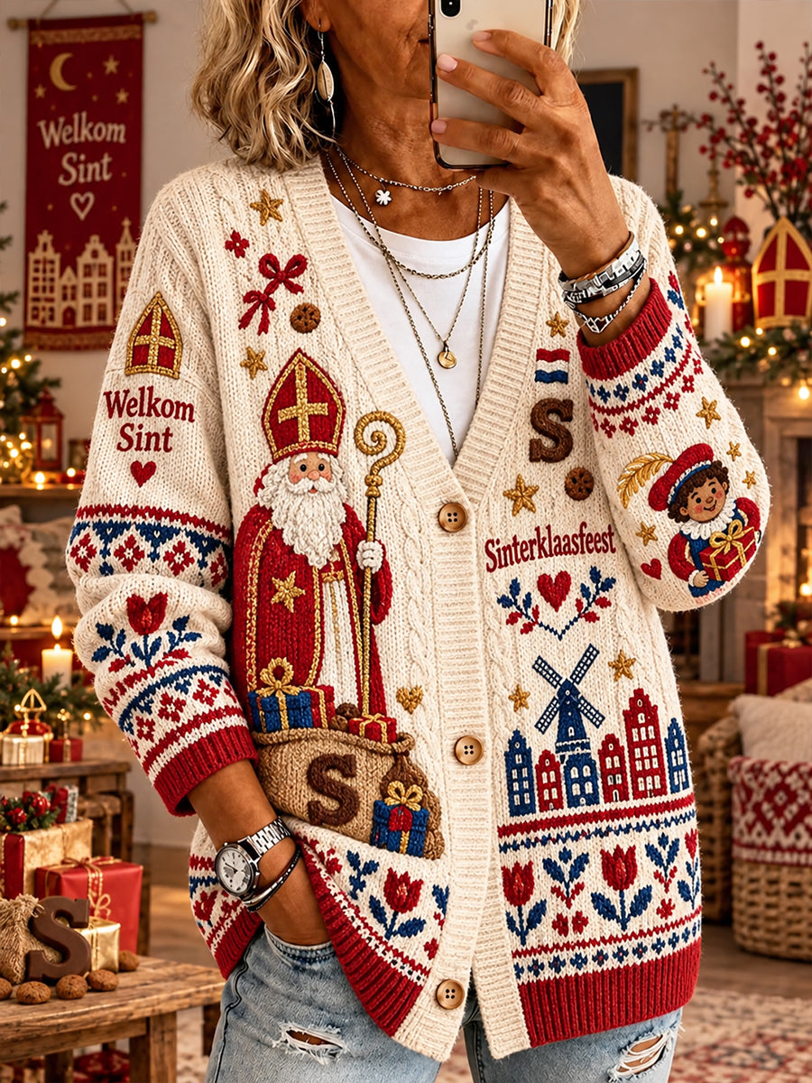 Gebreide vest voor dames met Sint-Nicolaasthema en print
