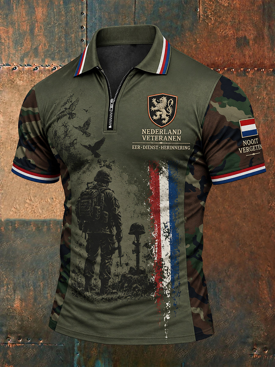 Poloshirt met korte mouwen en ritssluiting voor heren met Veteran Memorial Graphic Print