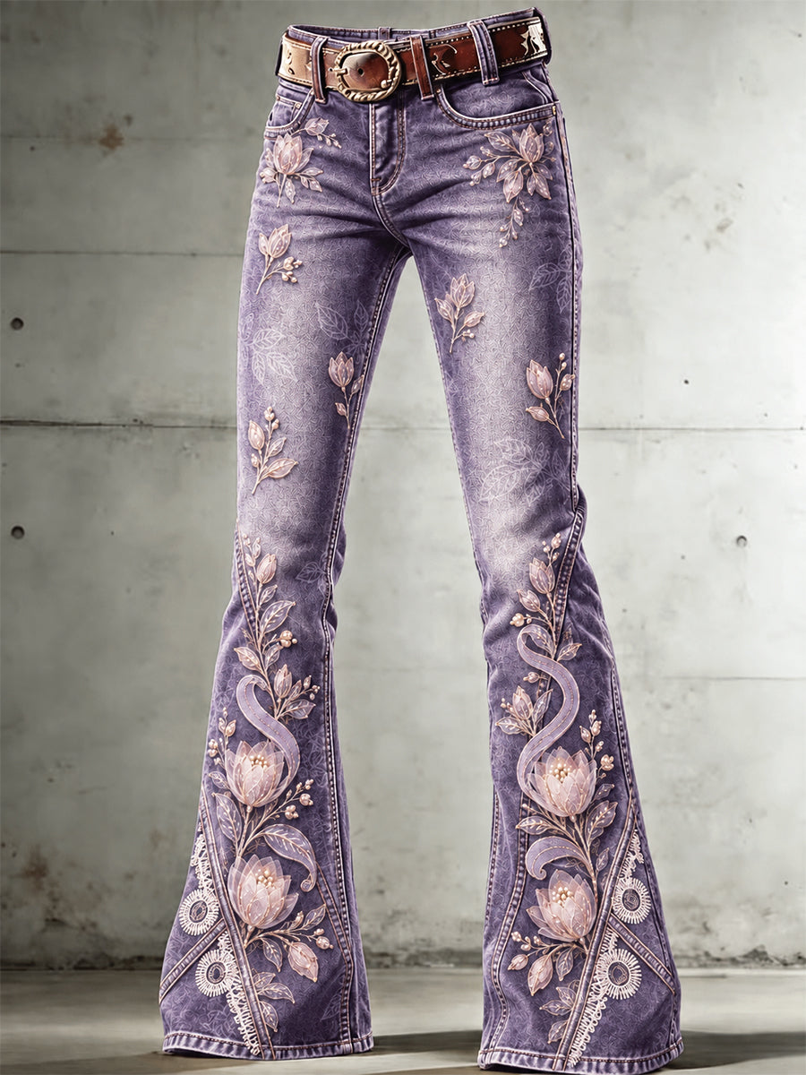 Paarse dames tulp gebloemde print casual uitlopende broek