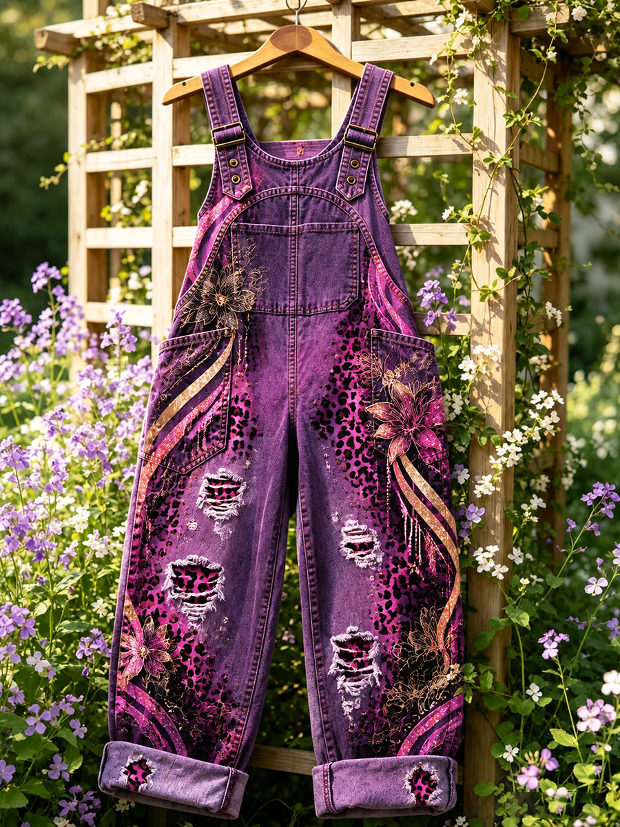 Paarse bloemen luipaardprint voor dames-casual tuinbroek