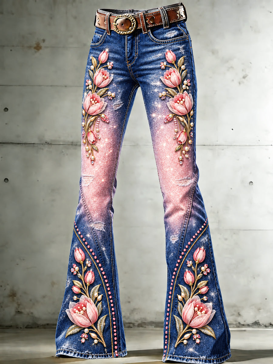 Dames tulp gebloemde gradiënt print casual uitlopende broek