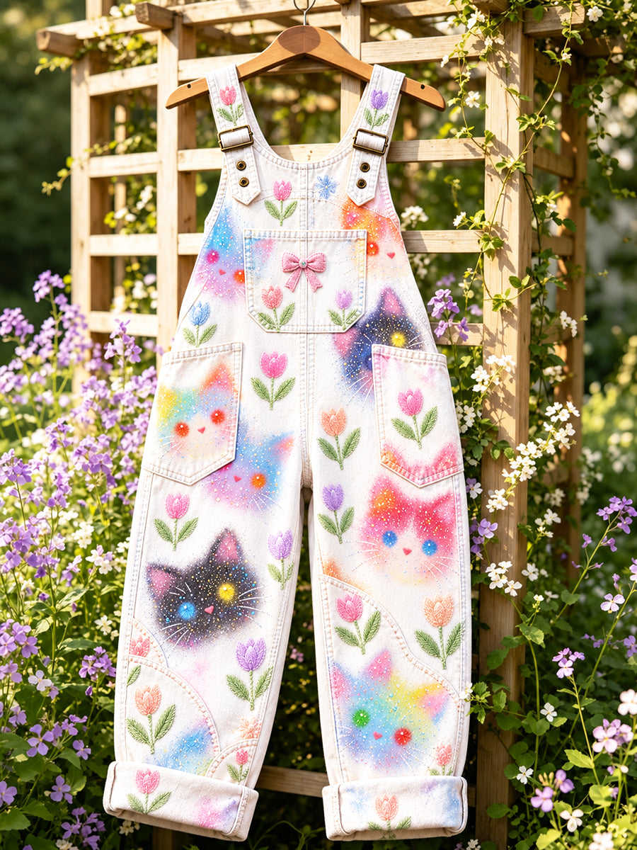 Dames witte schattige kat en bloemenprint casual tuinbroek
