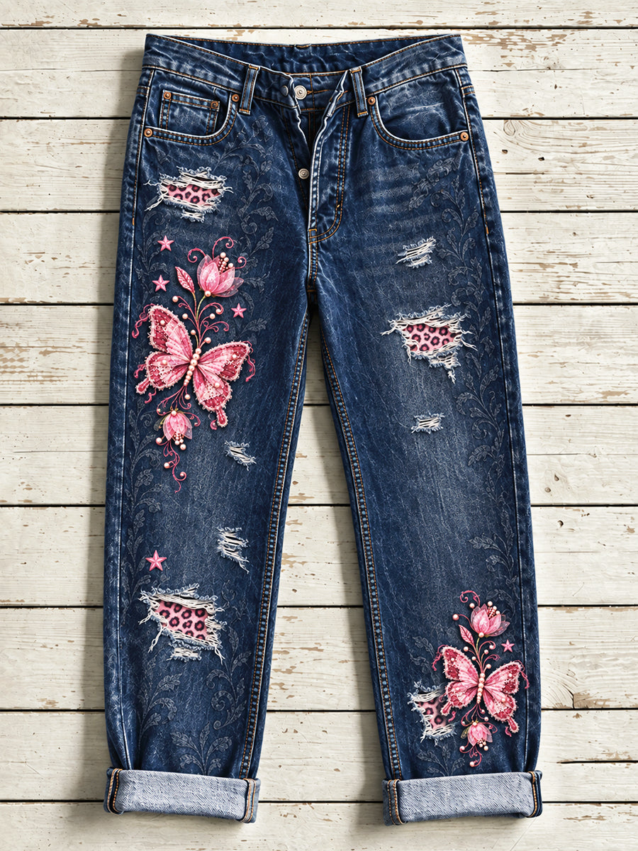 Deep Blue Butterfly Casual broek met bloemenprint voor dames