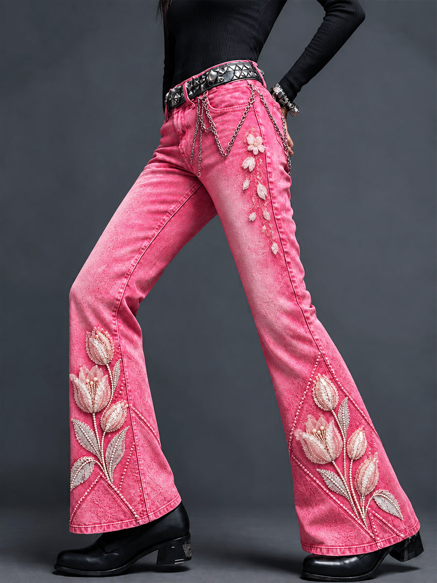 Dames roze tulp gebloemde print casual uitlopende broek