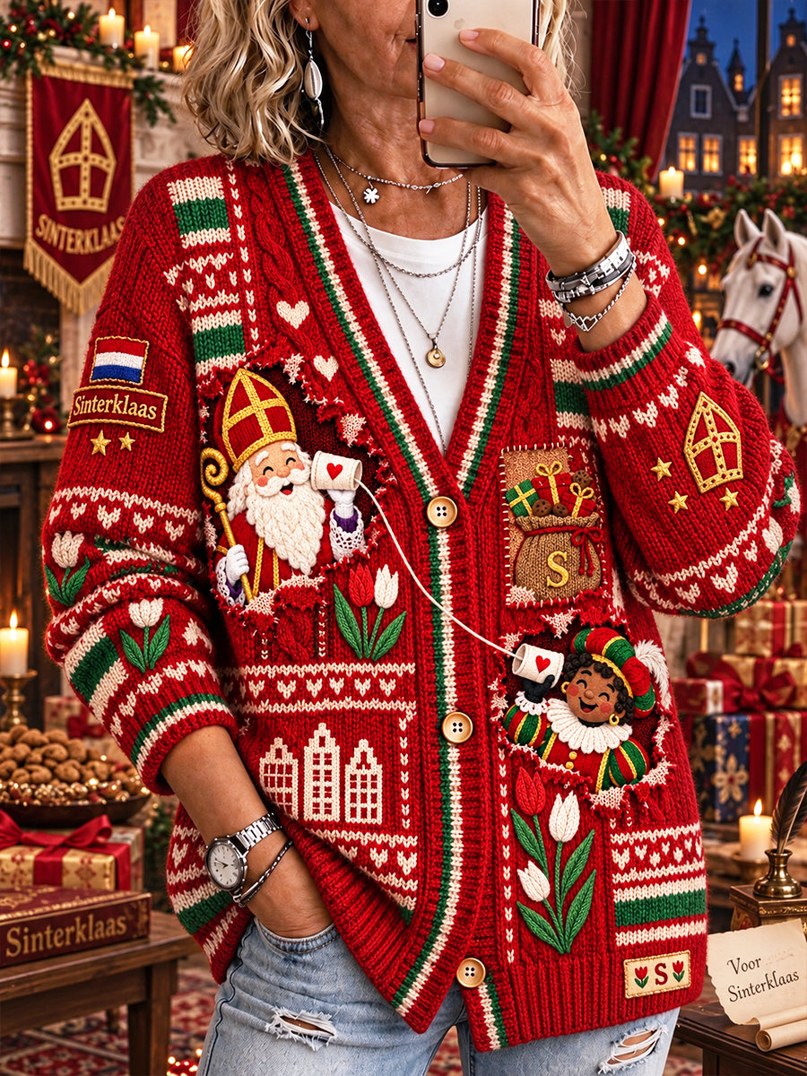 Rode, informele vest met V-hals voor dames, versierd met een Nederlandse Sinterklaasprint