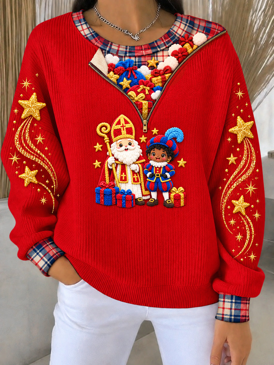 Damesrood Nederlands Sinterklaas-tweedelig bedrukt casual sweatshirtset