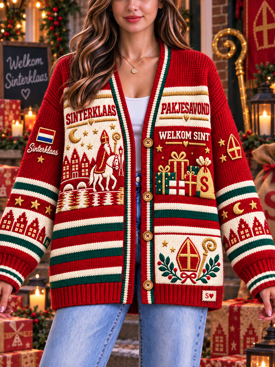 Damesrood Nederlands Sint Nicolaasfeest patchworkprint casual vest met V-hals