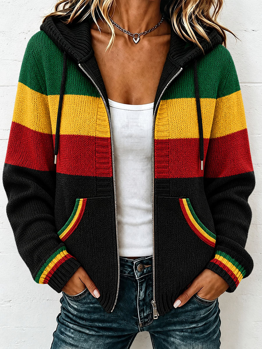 Damesvest van zacht breiwerk met capuchon, geïnspireerd door reggae