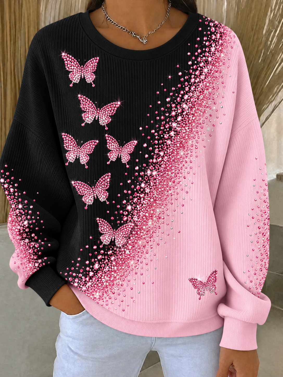 Borstkanker geribbelde sweatshirt met ronde hals voor dames