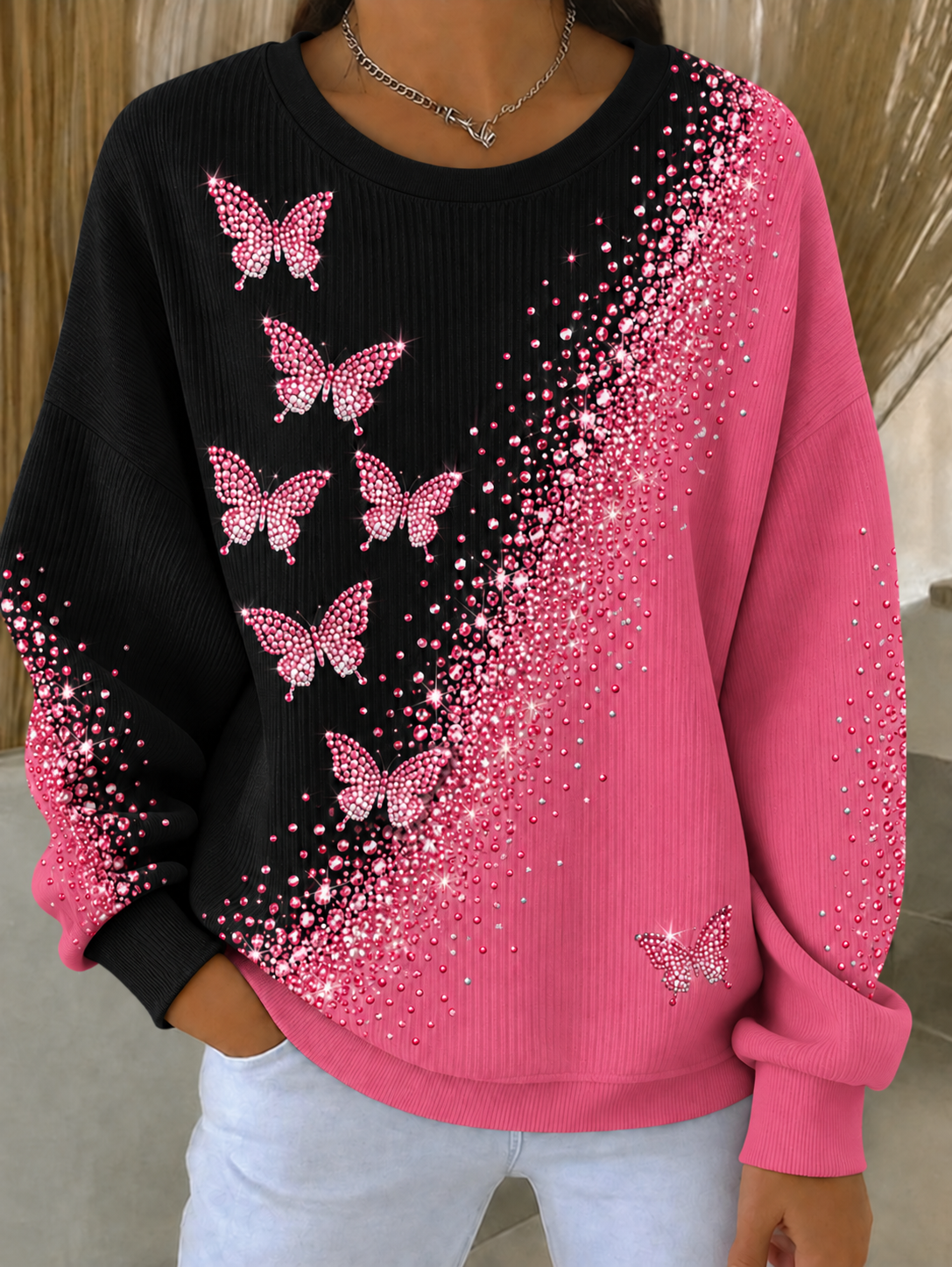 Borstkanker geribbelde sweatshirt met ronde hals voor dames