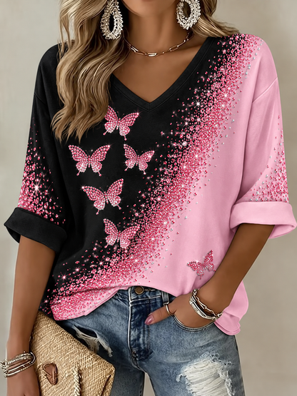 Borstkanker halflange mouwen V-hals T-shirt voor dames