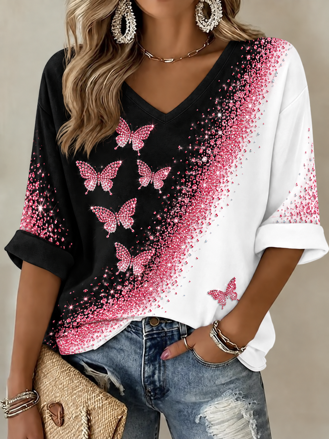 Borstkanker halflange mouwen V-hals T-shirt voor dames
