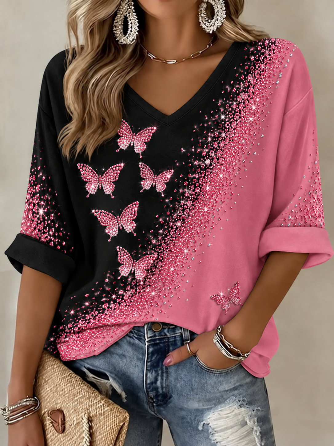 Borstkanker halflange mouwen V-hals T-shirt voor dames