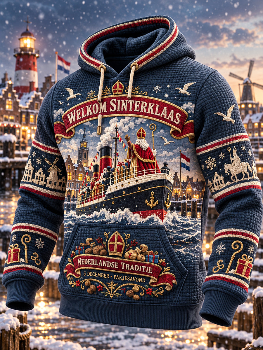 Grafische wafelgebreide hoodie voor heren met Sinterklaas-thema