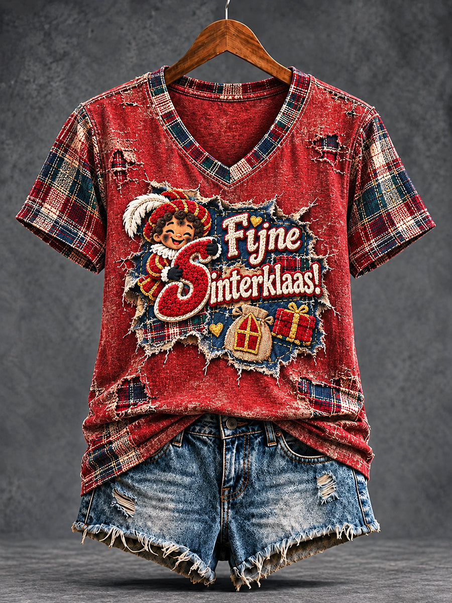 Dames Retro Nederlandse St. Nicholas Day Gecontroleerd Patchwork Print casual V-hals T-shirt
