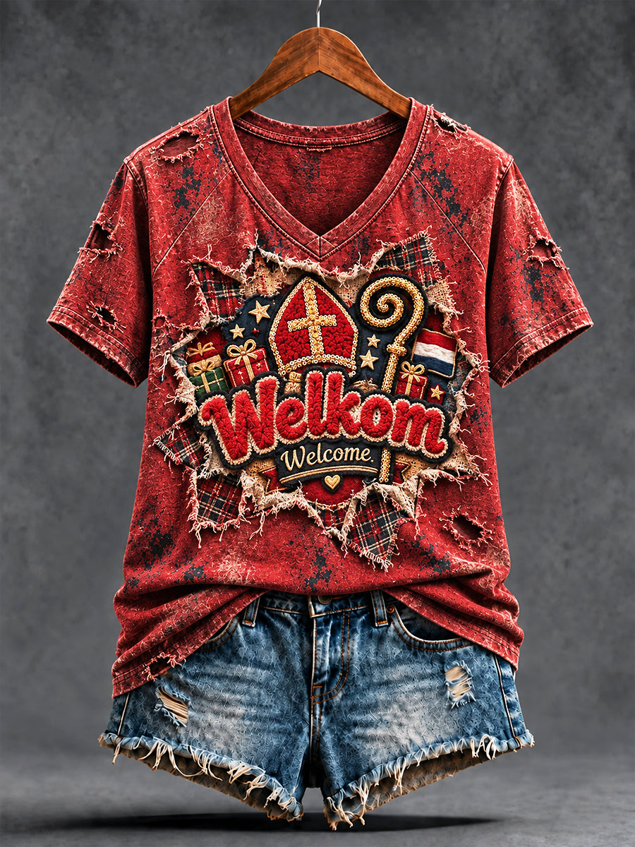 Dames Retro Nederlandse St Nicholas Day print casual V-hals T-shirt