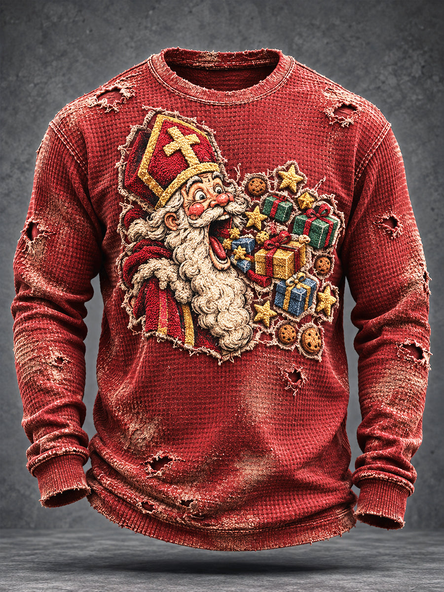 Retro Nederlandse Sint-Nicolaasdag verstoorde print casual T-shirt met lange mouwen voor heren