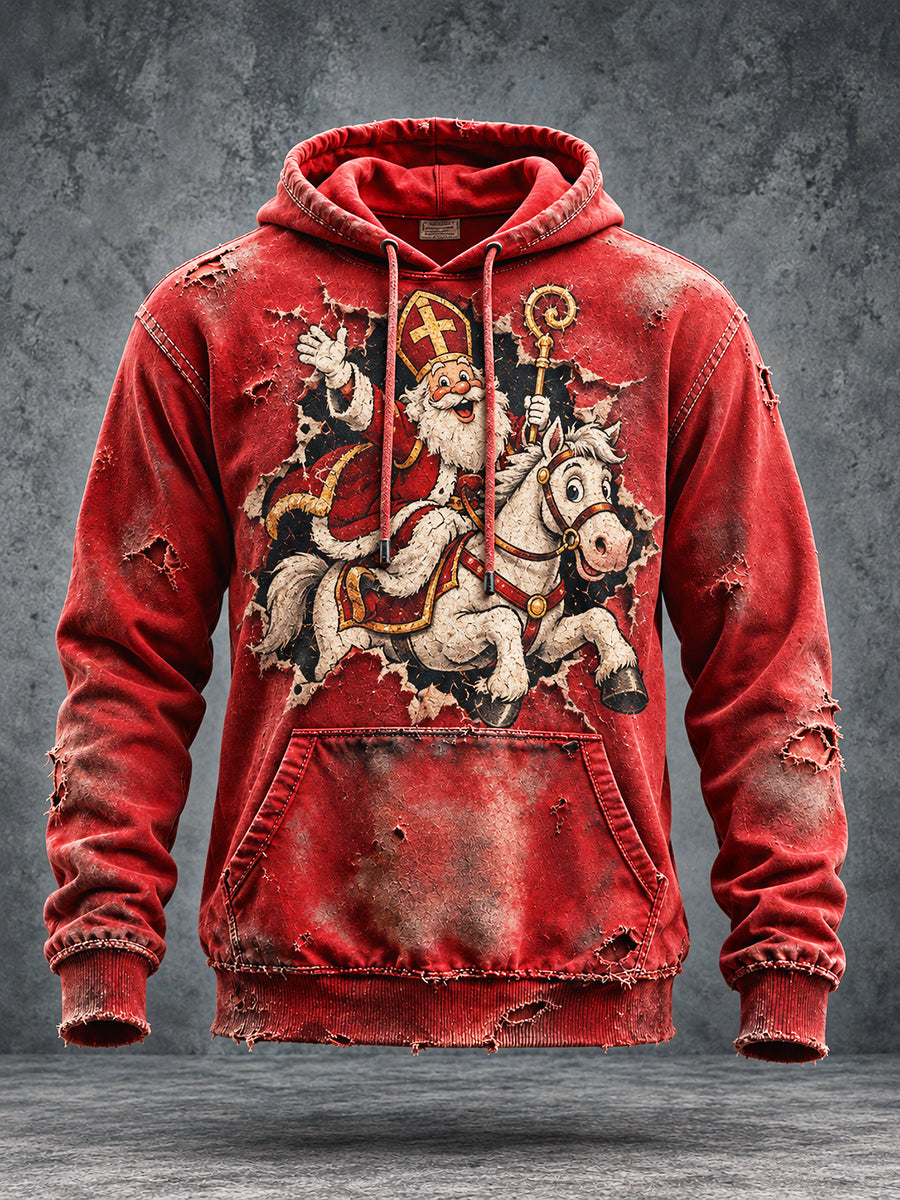 Herenvintage rood Nederlands Sint-Nicolaasdagprint casual sweatshirt met capuchon