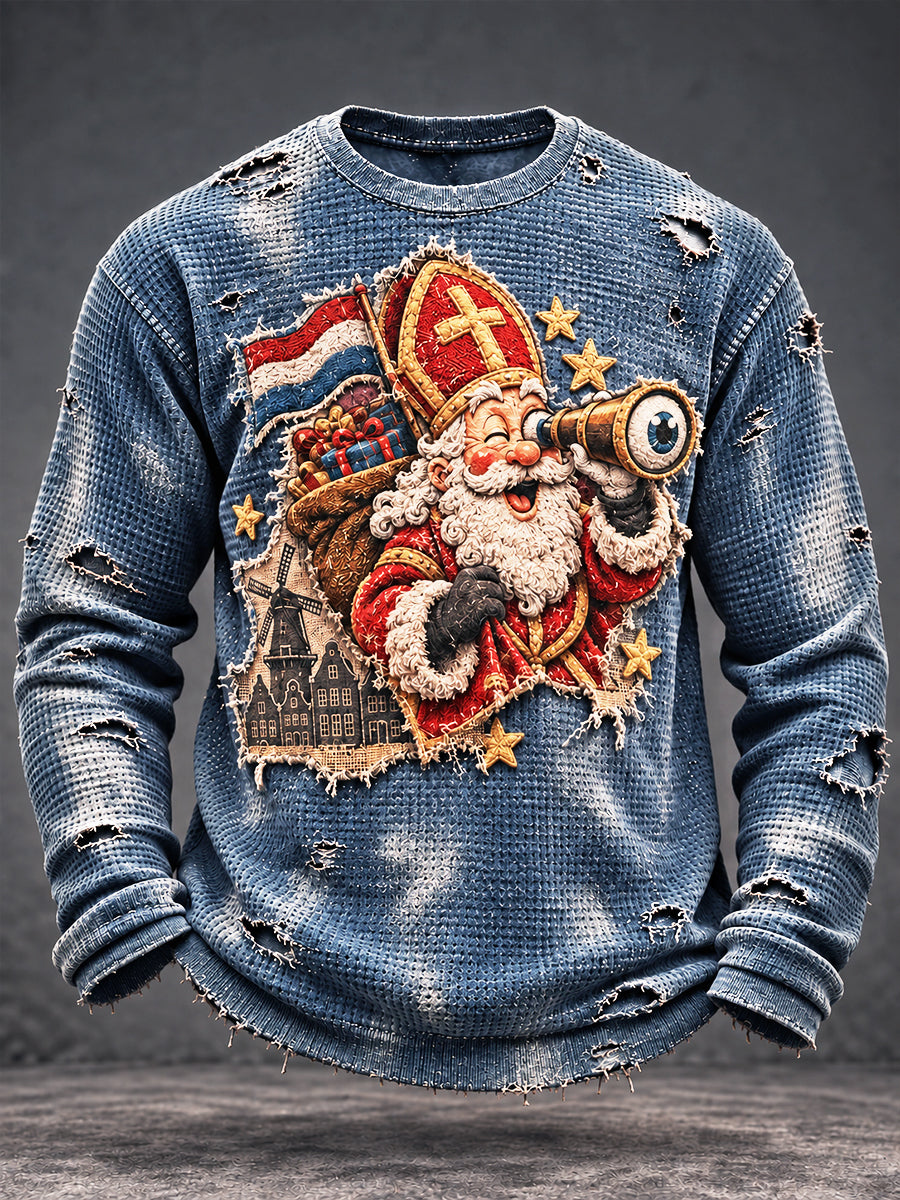 Heren Retro Blauw Nederlands Sint-Nicolaasdag verstoorde print casual T-shirt met lange mouwen