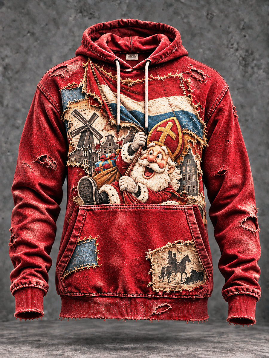 Herenvintage Nederlandse St. Nicholas Day patchwork print casual sweatshirt met capuchon