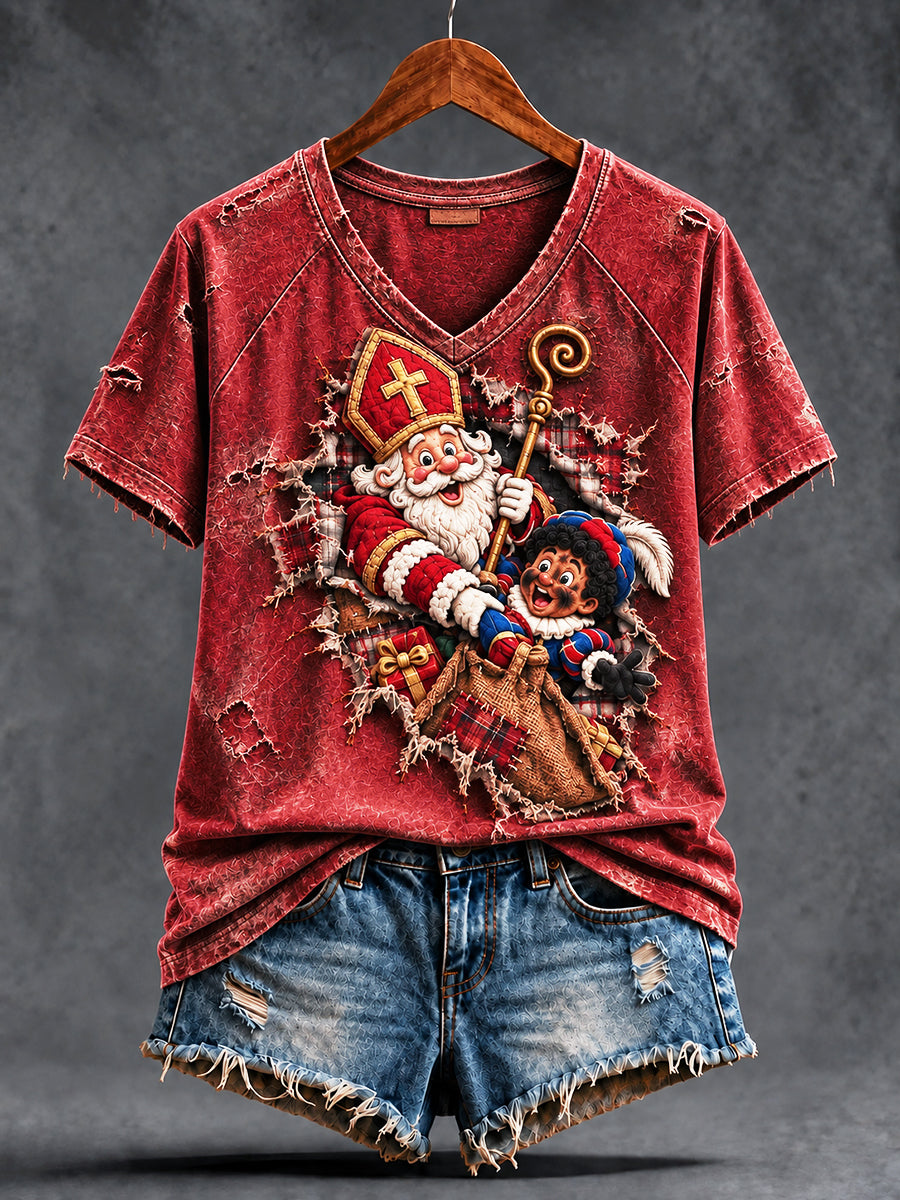 Retro Rood Nederlandse Sint-Nicolaasdagprint casual T-shirt met V-hals