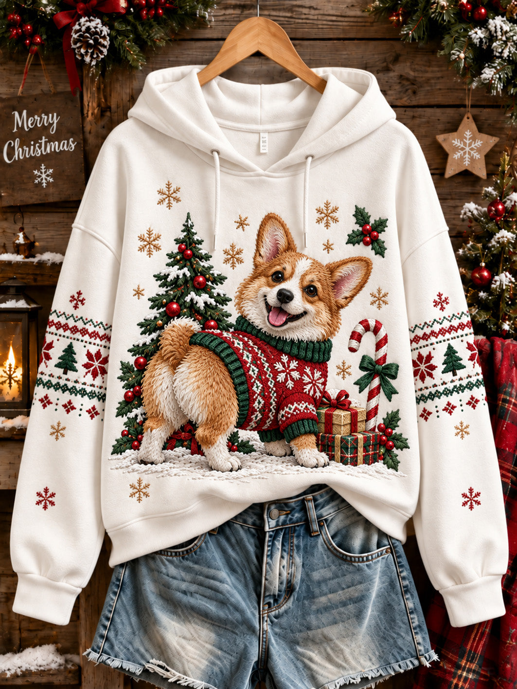 Casual hoodie voor dames met kerst-Corgi-patroon