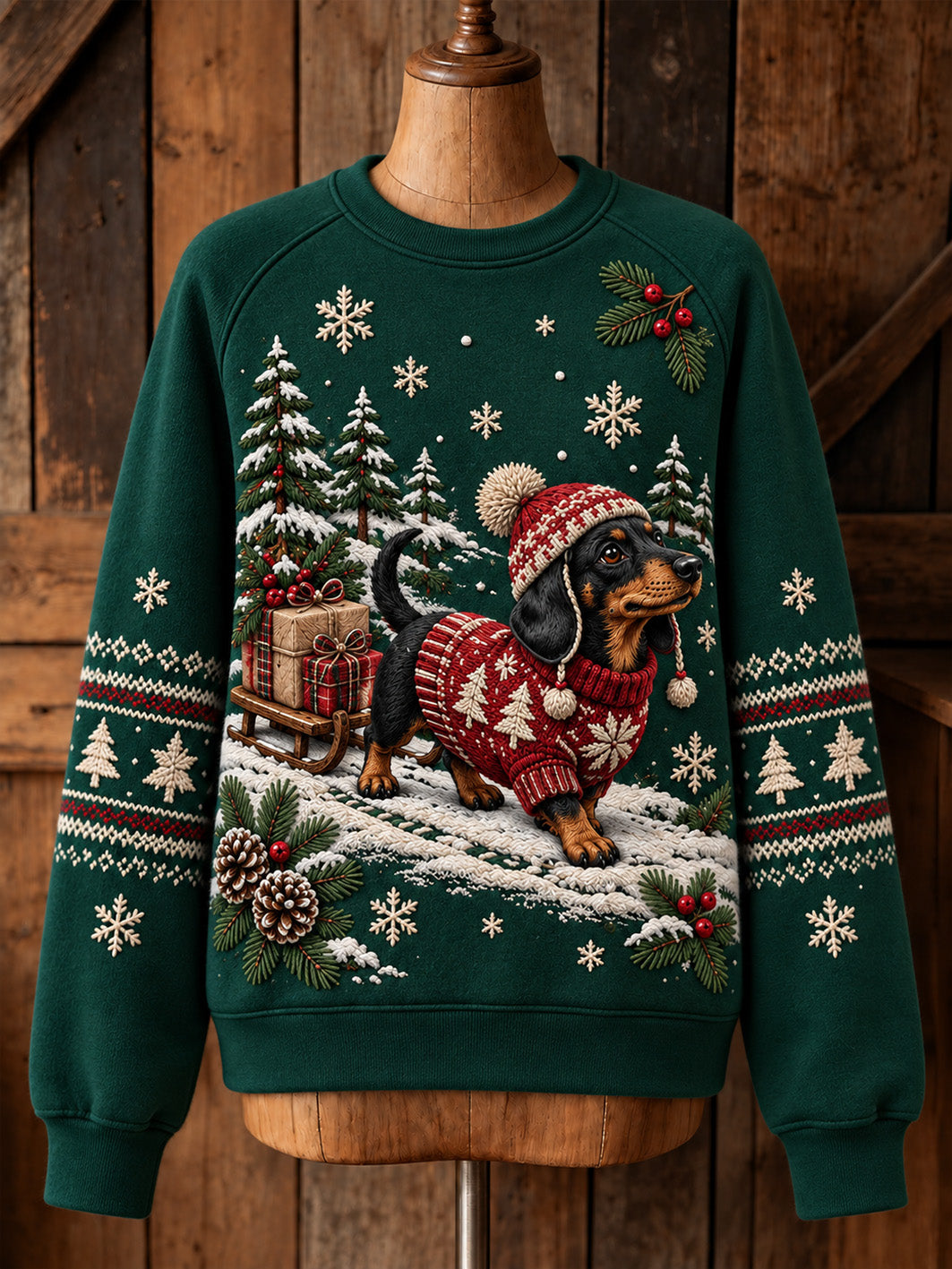 Dameskerst-dachshundpatroon casual sweatshirt met raglanmouwen