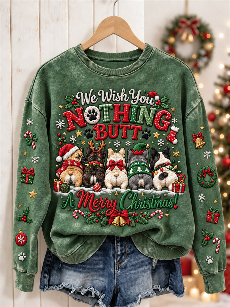Damesweeshirt met 'We Wish You Nothing But a Merry Christmas'- en Franse bulldogprint