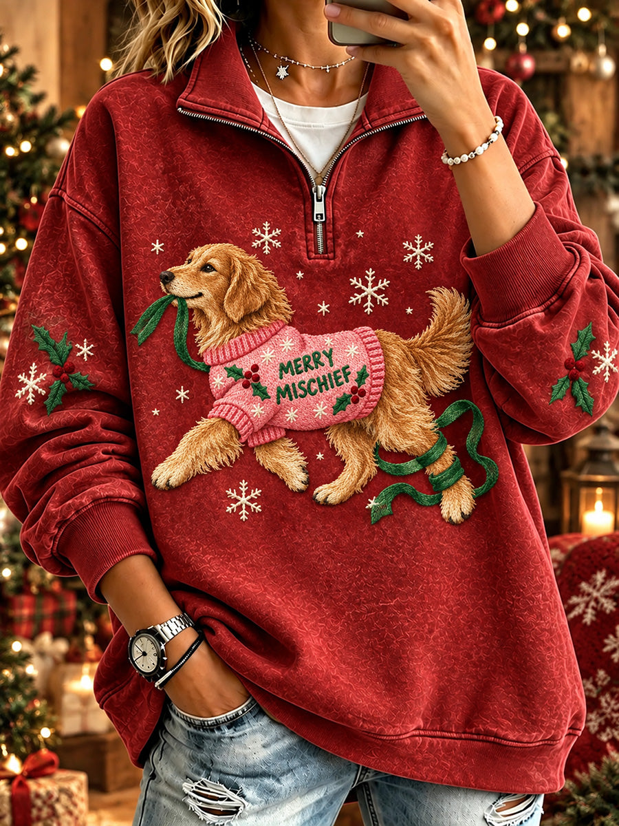 Damesmooi kerst-sweatshirt met gouden retrieverprint, heerlijk comfortabel