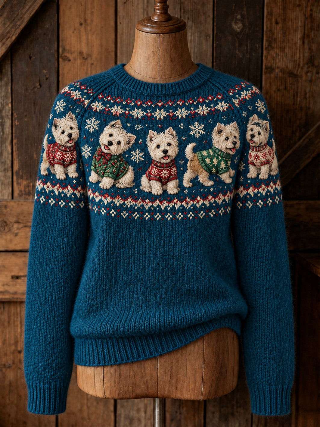 Dameskerstsweater met hondenpatroon, casual, ronde hals