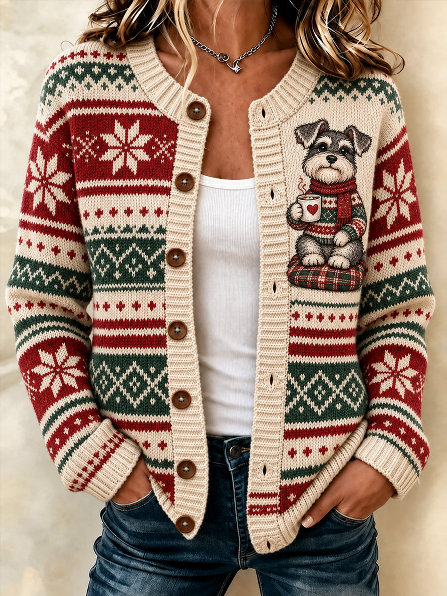 Schattig wintercardigan voor dames met hondenprint, casual stijl