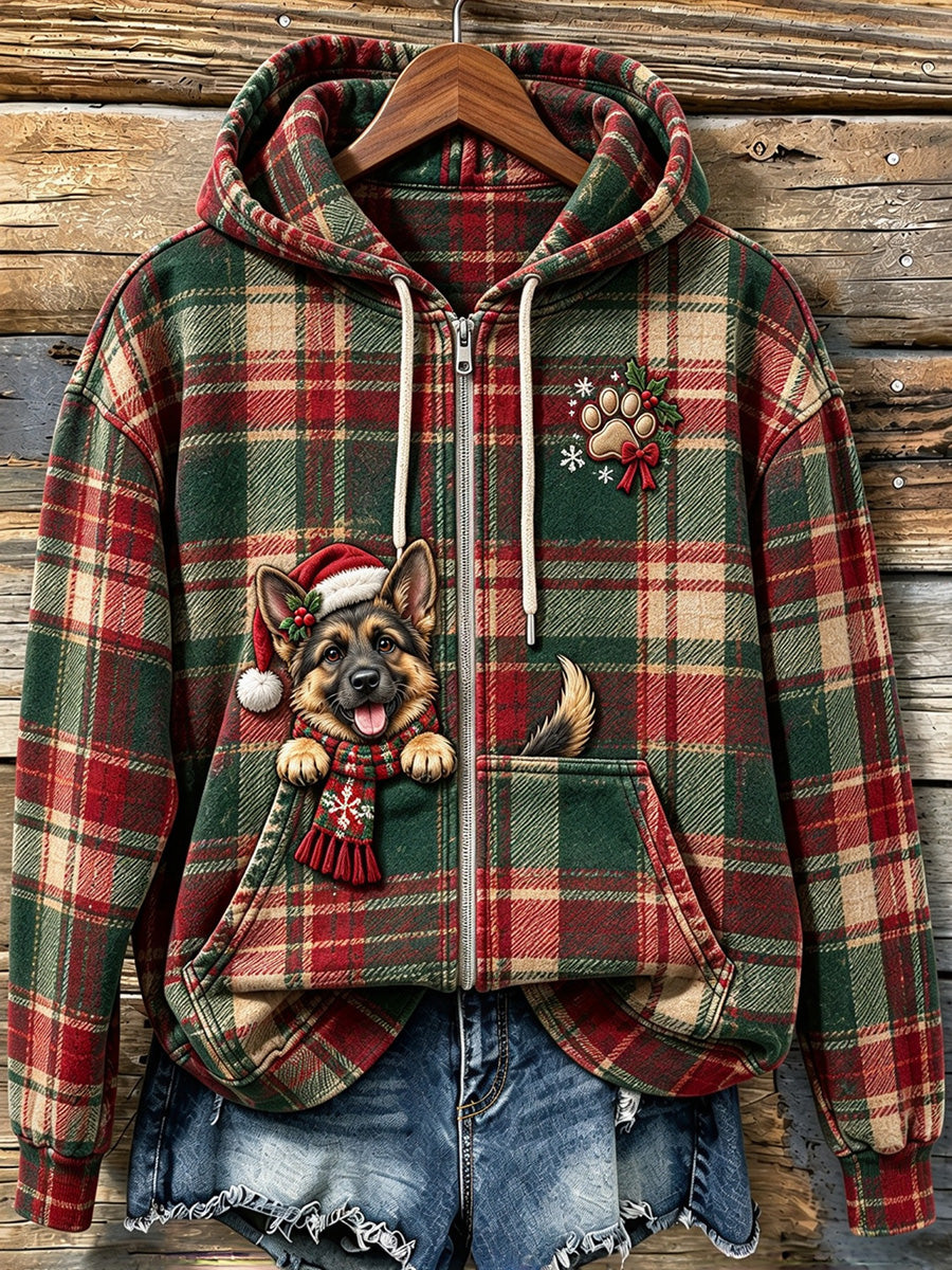 Dames schattige griezelige Duitse herder kerst plaid print zip-up hoodie