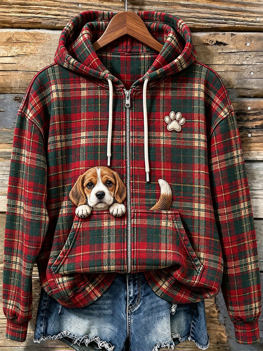 Dames schattige griezelige Beagle kerst geruite print zip-up hoodie