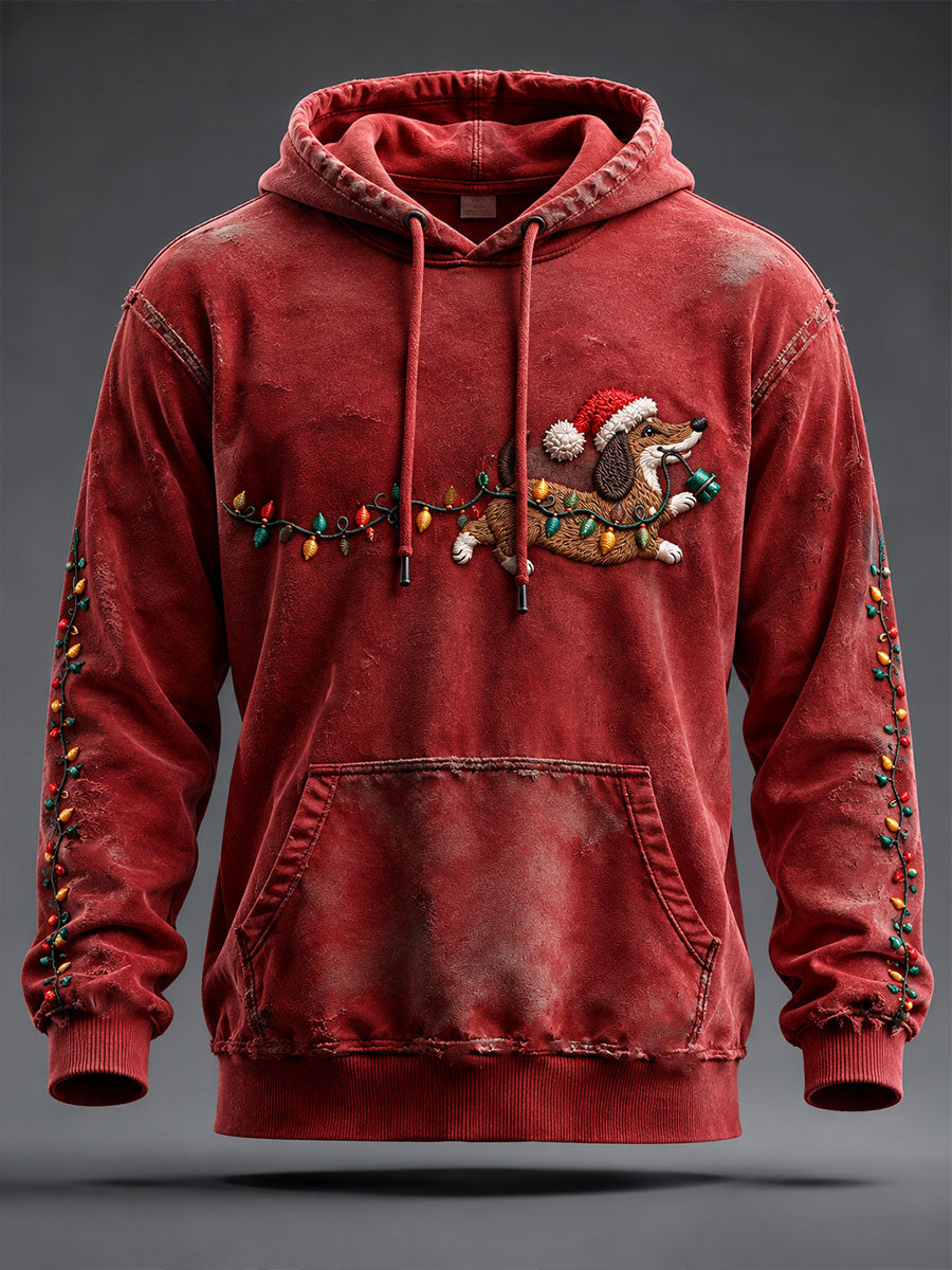Heren Kerst Lichte Teckel Print Oversized Drop-Shoulder Hoodie Met Zakken