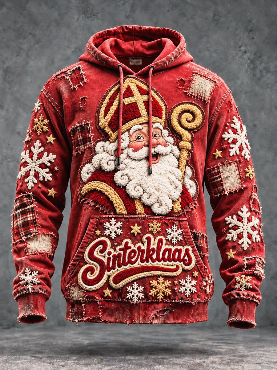 Heren Rood Nederlands Sinterklaasdag Patchwork Print Casual Sweatshirt met capuchon