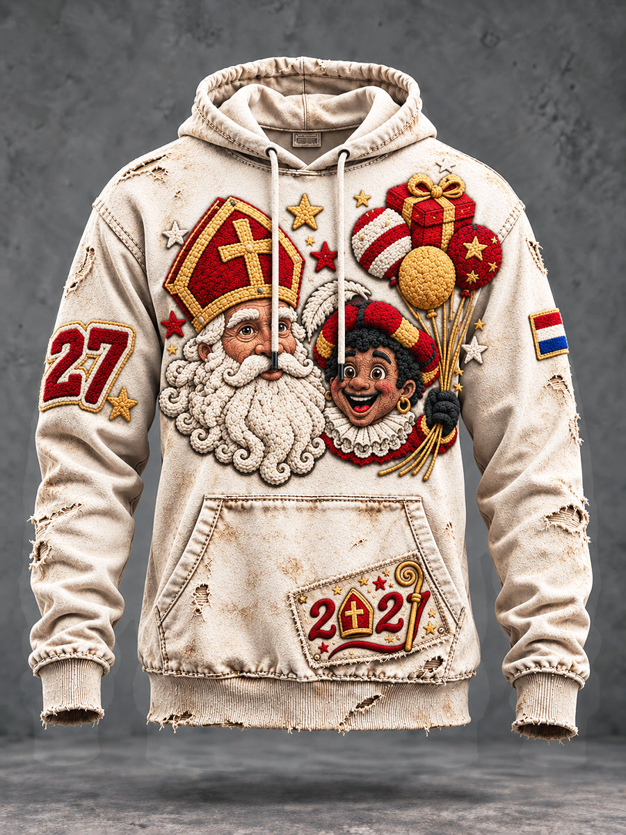 Herenvintage gebroken witte Nederlandse Sint-Nicolaasdagprint casual sweatshirt met capuchon