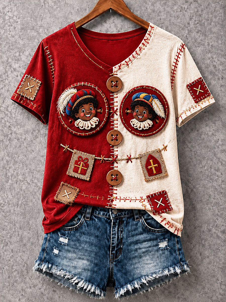 Nederlandse sinterklaasdag patchwork print casual V-hals T-shirt