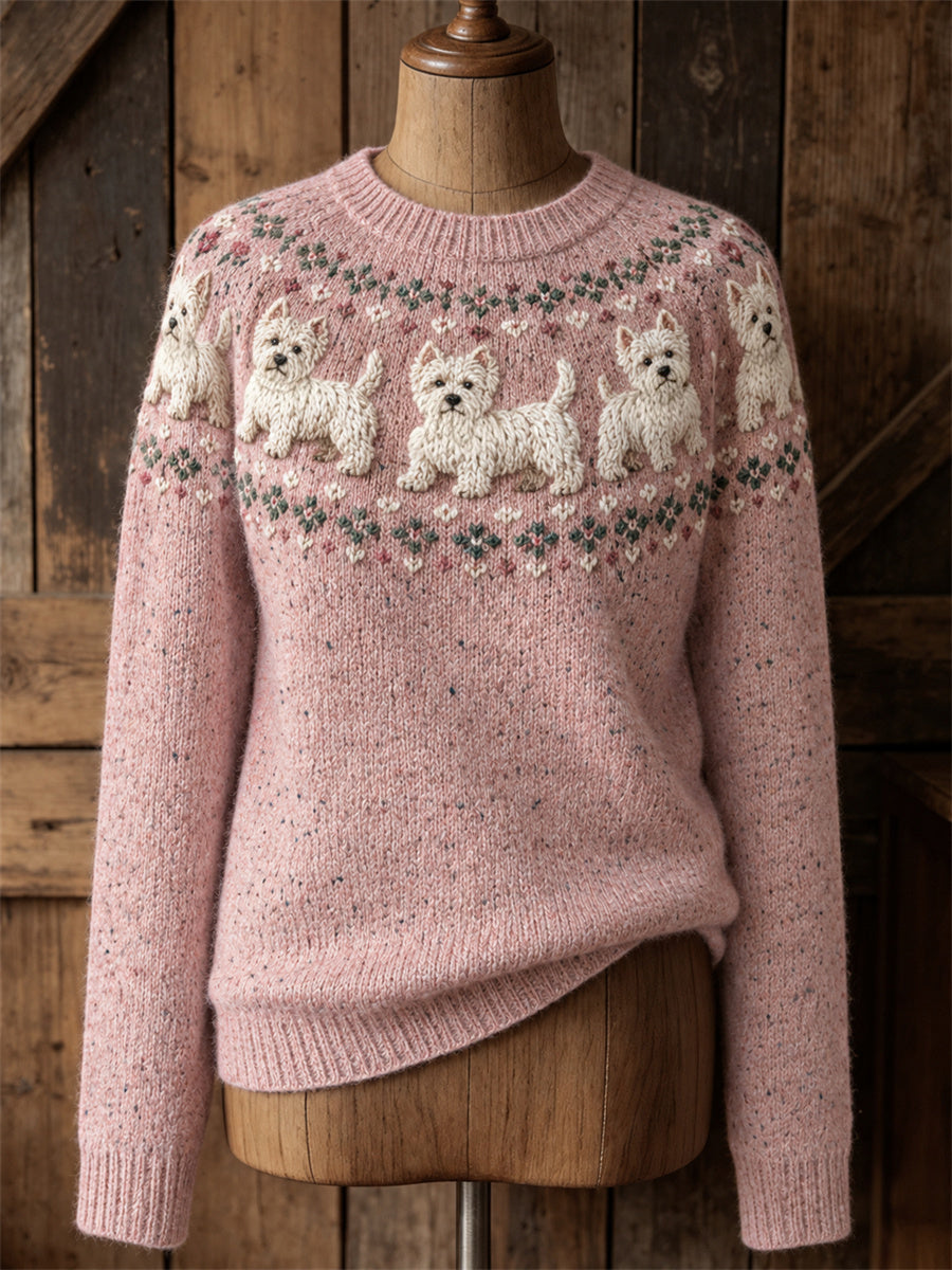 Dames Vintage West Highland White Terrier Honden Yoke Isle Print ronde hals trui
