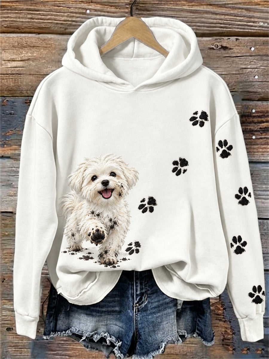 Grappige vuile Maltese hond en pootafdruk voor dames print knusse hoodie