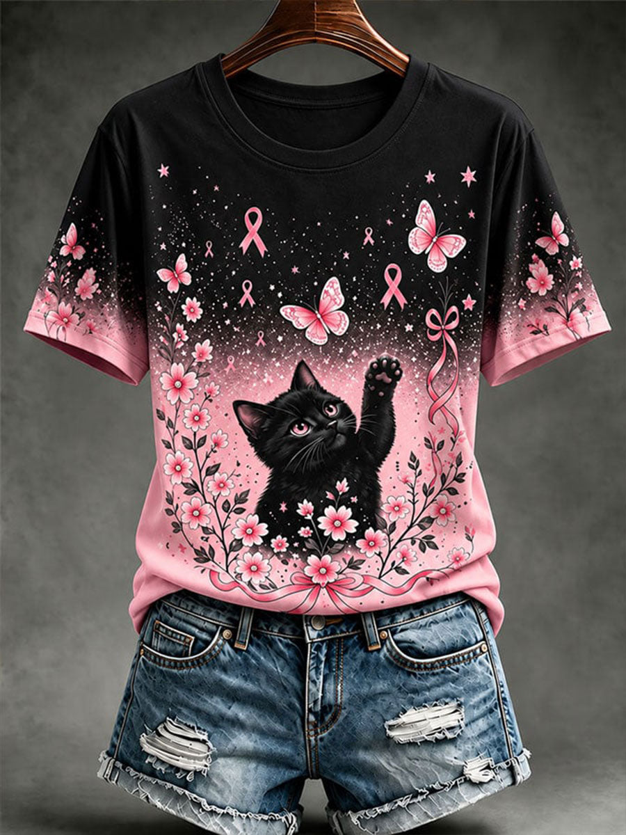 Vrouwen Borstkanker Bewustzijn Kat Print Casual T-shirt