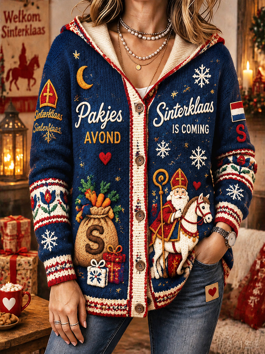Dames Diepblauw Nederlandse Sinterklaasdagprint Casual cardigan met capuchon