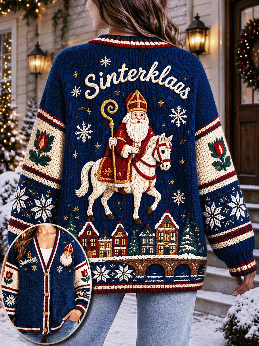 Dames Donkerblauw Nederlandse sinterklaasdagprint casual V-hals vest