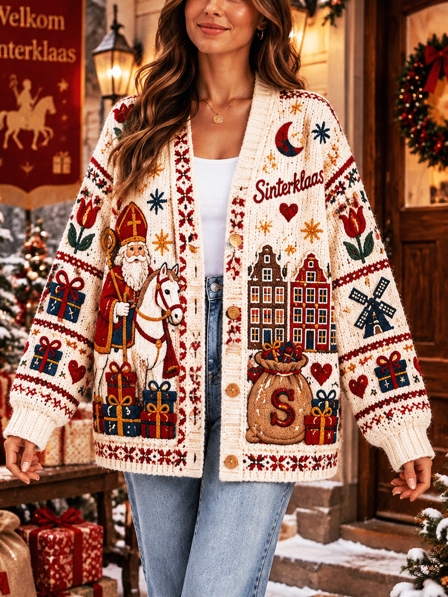 Gebroken witte Nederlandse Sint-Nicolaasdagprint casual vest met V-hals