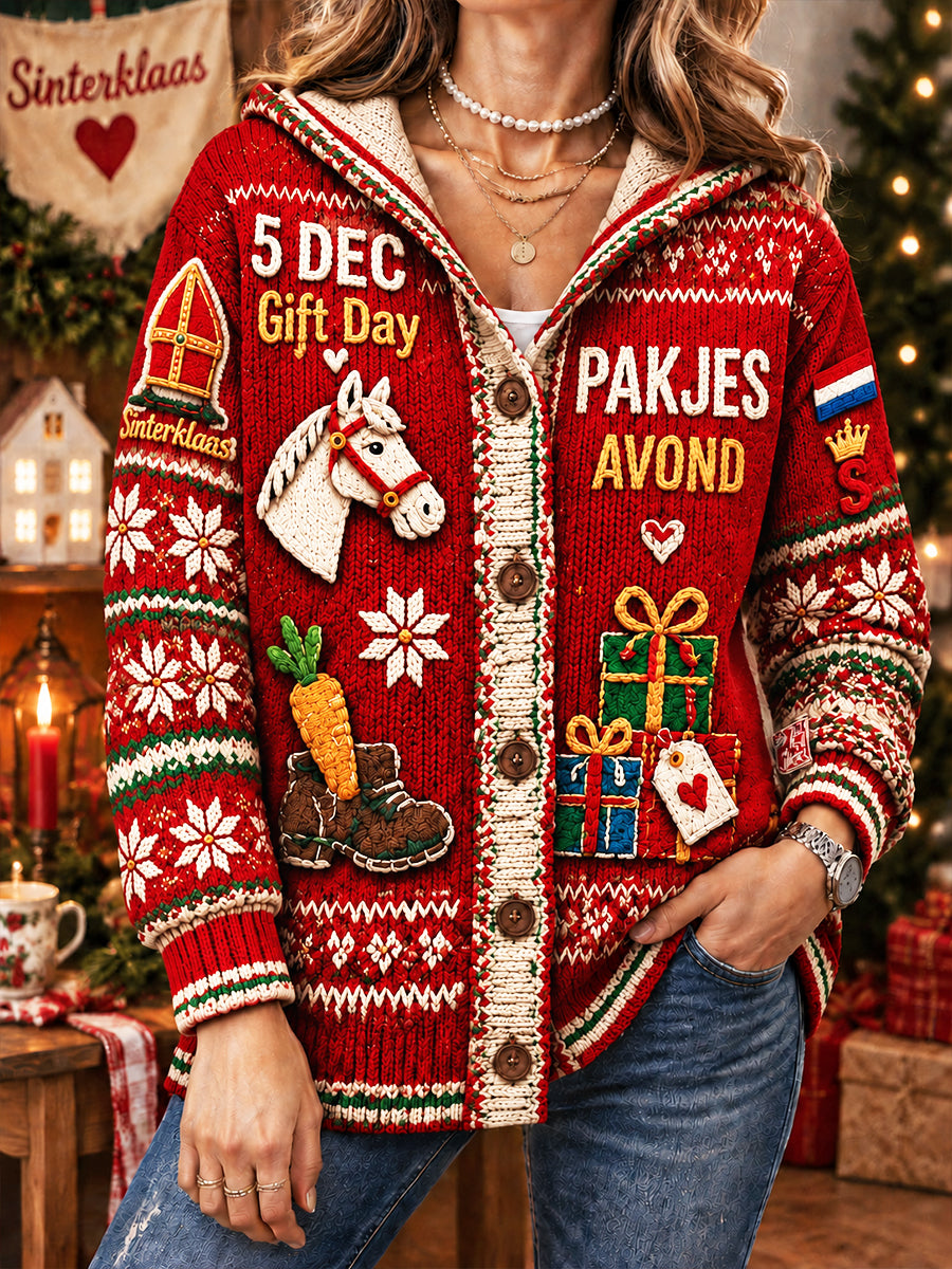Damesrode Nederlandse Sint-Nicolaasdagprint casual vest met capuchon